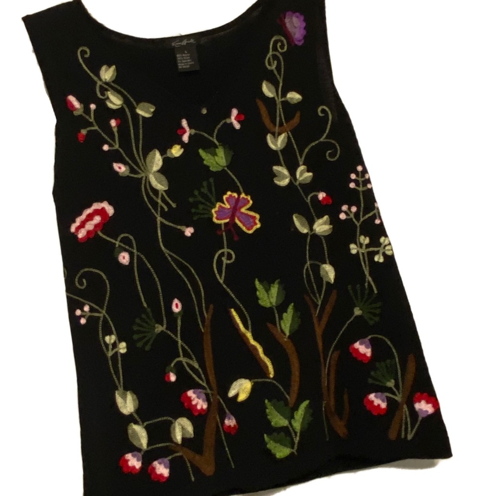 EUC VINTAGE KAREN ARNOLD EMBROIDERED FLORAL LEAF VINE BUTTERFLY TANK TOP SIZE L